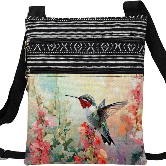 Floral Hummingbird Crossbody Bag Ethnic Pattern Zipper Adjustable Strap - Picture 1 of 7